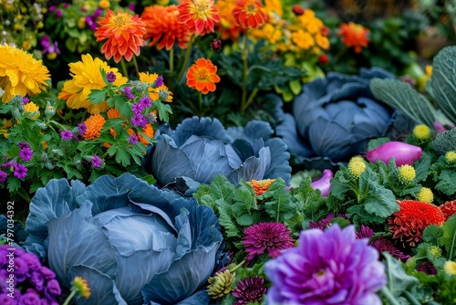 Vibrant Garden Display with Flowers and Vegetables