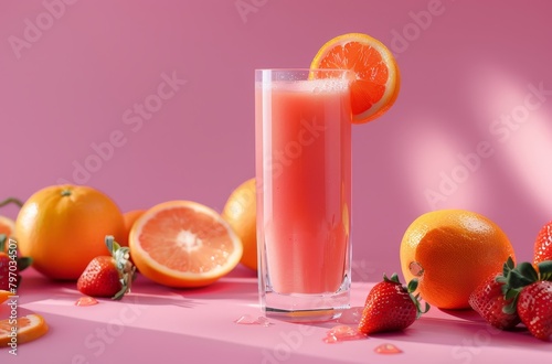 Fresh citrus strawberry smoothie on a vibrant pink background