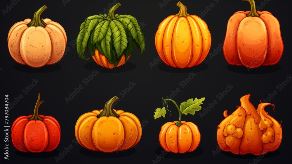Eight colorful illustrations of pumpkins depicting various shapes, sizes, and textures that encapsulate the essence of autumn