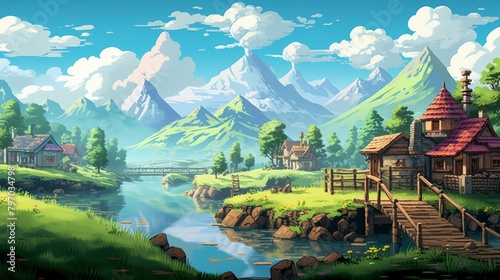 Vibrant pixel art landscape with sunset over mountains and lake  evoking peace and inspiration