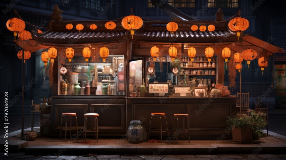 This image highlights a lively Asian food stand, adorned with glowing lanterns, serving local delicacies at night