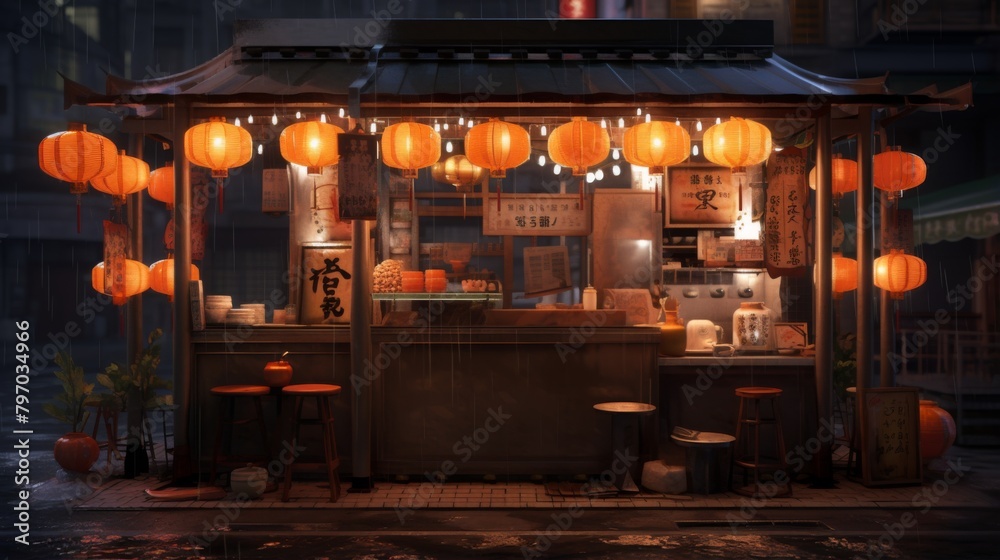 This nocturnal scene depicts a quaint Asian street stall, bustling under the red lanterns' warm light This nocturnal scene depicts a quaint Asian street stall, bustling under the red lanterns' warm light