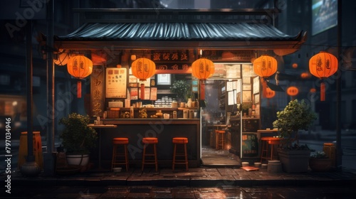 An atmospheric image of a warmly lit traditional Asian street food stall with lanterns on a drizzly evening