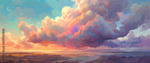 A digitally-painted landscape captures a stunning and colorful sunset, filled with voluminous clouds, serenity, and beauty photo