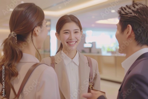 Receptionist reception hotel manager cheerful happy smiling person working occupation desk assistance customers motel lobby professional communication skills management guest visitor secretary staff