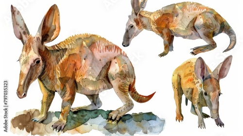 A set of kangaroos painted in watercolor style, highlighting the movement and family relationships amongst them