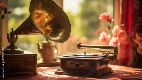 Vintage gramophone on a lace tablecloth next to a vase of roses and a book under soft lighting
