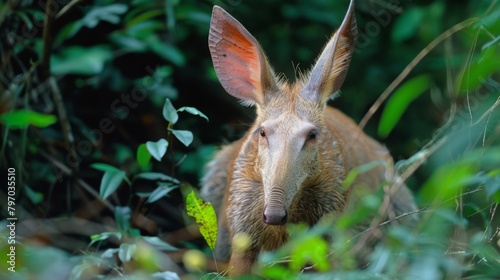 Close-up of a vigilant aardvark with prominent ears among lush green foliage, showcasing its unique features