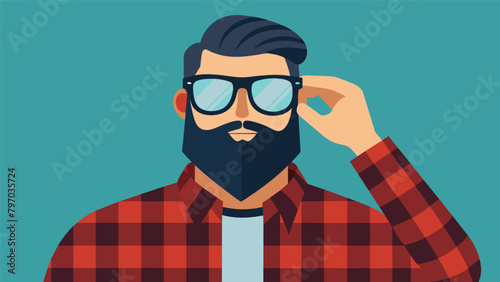 A man with a rugged beard and flannel shirt trying on a pair of sleek metallic spectacles from the designer eyewear collection transforming his look.