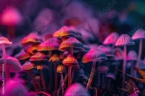 Glowing pink and purple mushrooms in the forest. Magic mushrooms in neon light. Bright psilocybin mushrooms. Acid trip in the forest.