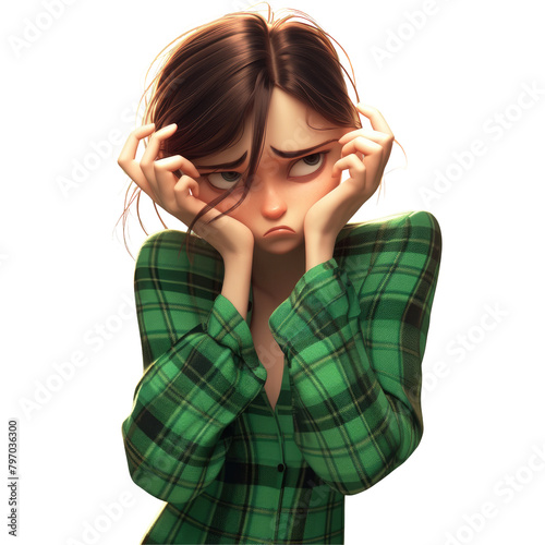 A stunning young animated woman clad in green plaid pajamas is depicted with her tired hands shielding her face embodying feelings of depression sadness and frustration over a challenging i photo