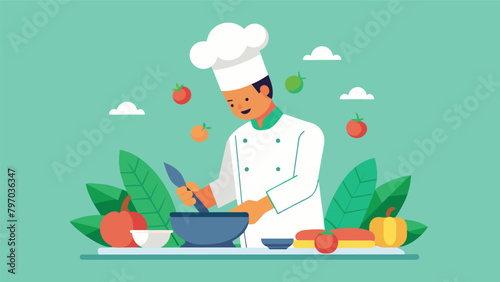 Donning a chefs hat a man carefully chops vegetables and arranges them in a colorful stir fry feeling a sense of accomplishment and peace..
