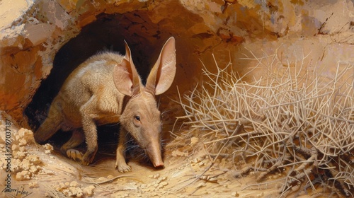 The naturalistic art captures an aardvark cautiously emerging from its sandy burrow into a brush-filled descent photo