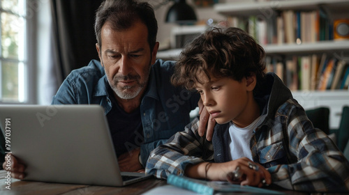 Wallpaper Mural Father Helping Teenage Son With Homework On Laptop At Home, Family Bonding And Education Concept, Useful For Parenting Or Online Learning Topics Torontodigital.ca
