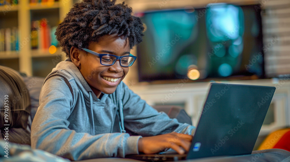 Teenage Boy Studying On Laptop, E-Learning For School Or College Homework, Happy Student Teenage Boy Studying On Laptop, E-Learning For School Or College Homework, Happy Student