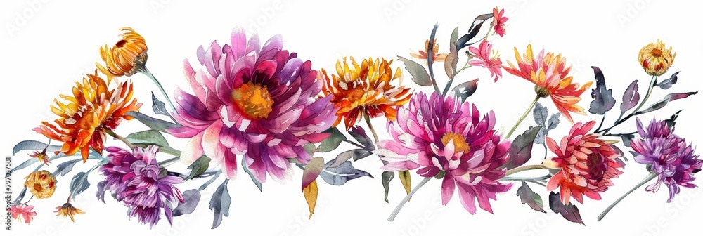 Vibrant Chrysanthemum Blooms in Botanical Frame Generative AI