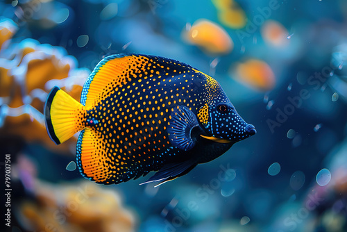 Black and yellow angelfish swimming in coral reef  colorful fish photography  underwater photography