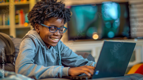 Teenage Boy Studying On Laptop, E-Learning For School Or College Homework, Happy Student © Michael