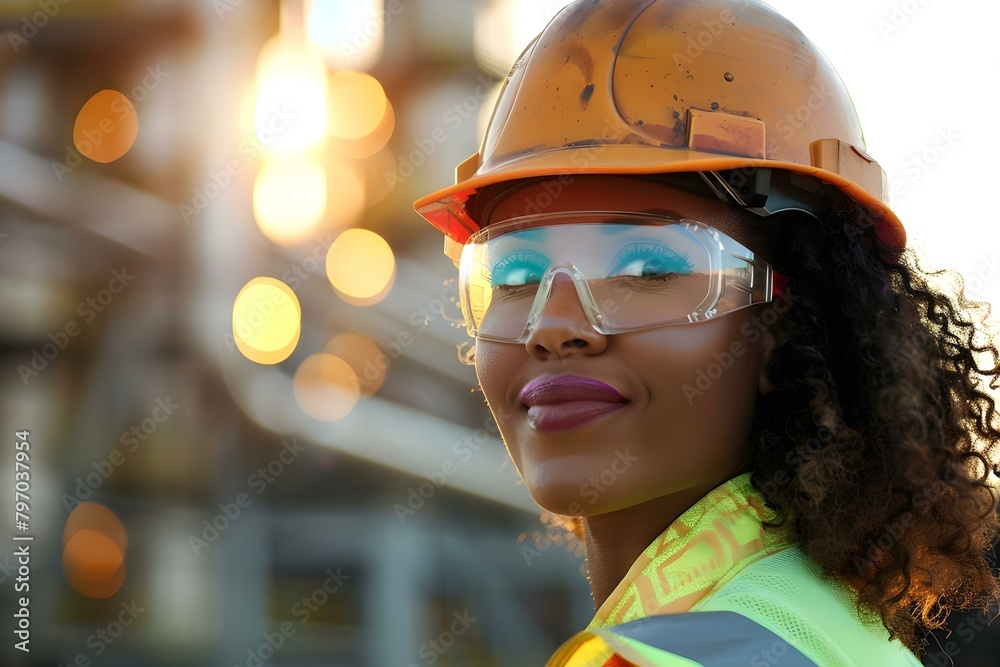 African American woman wearing safety gear working at refinery construction site. Concept Industrial Safety, Workplace Diversity, Women in Construction, African American Representation, Refinery Work African American woman wearing safety gear working at refinery construction site. Concept Industrial Safety, Workplace Diversity, Women in Construction, African American Representation, Refinery Work