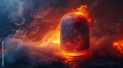 Fiery smart speaker enwrapped in mystical smoke and embers on a reflective surface