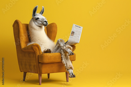 Llama in an armchair reading a newspaper on a yellow background, copy space