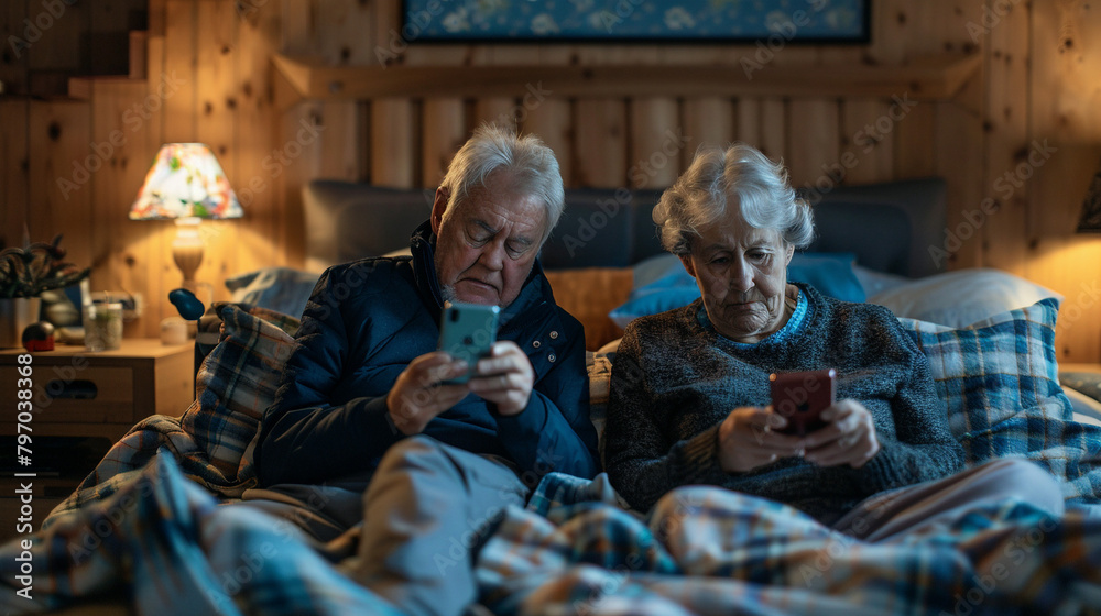Senior Couple In Bed, Suspicious Wife Spying On Husband'S Phone, Possible Secret Texting Or Cheating, Concept For Relationship Problems