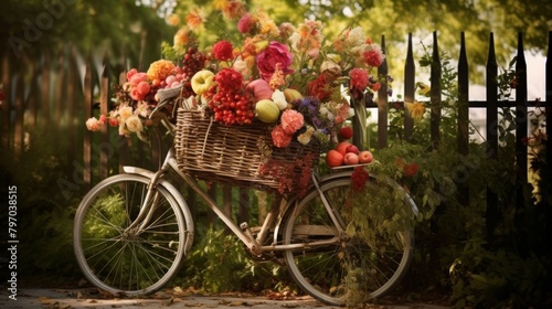 Vintage bicycle adorned with colorful flowers leaning against a white picket fence on a sunny day