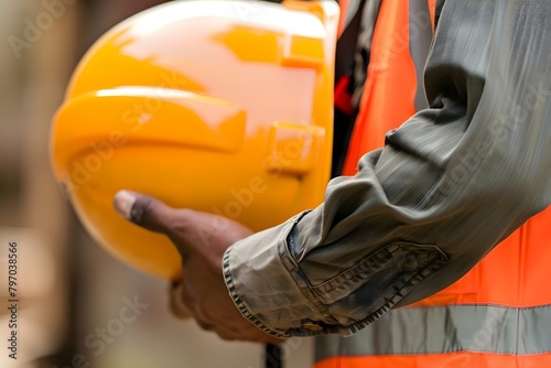 Construction worker holding helmet inspecting site for Occupational Safety Health compliance. Concept Construction Safety, Inspection, Occupational Health, Helmet, Site Compliance