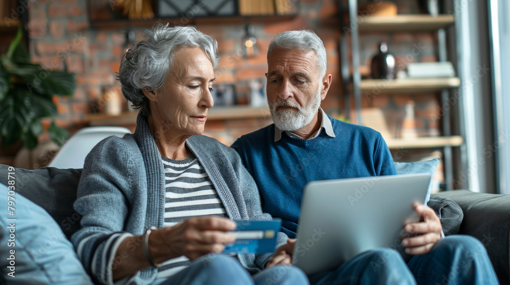 Senior Couple Shopping Online With Credit Card And Laptop, Managing Finances In Retirement, Active Elderly Lifestyle Senior Couple Shopping Online With Credit Card And Laptop, Managing Finances In Retirement, Active Elderly Lifestyle