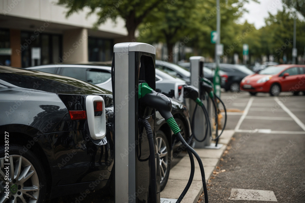 Charging electric vehicles in the city.Modern construction in the city center. Charging electric vehicles in the city.Modern construction in the city center.