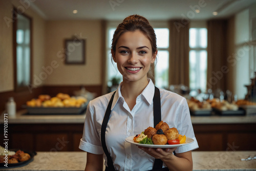 Happy hotel waitress serving food for buffet breakfast and looking at camera.