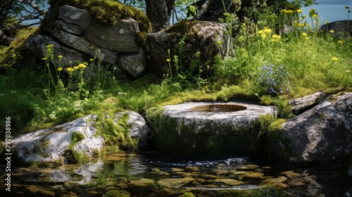 Ancient stone well in a serene forest setting with moss and wildflowers © Yusif