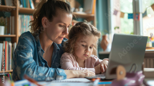 Mother Working From Home Office On Laptop, Stressed While Caring For Children, Daughter And Son, Family Life Balance Challenges © Michael