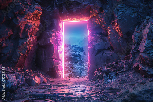 3d illustration of magic neon portal in a peak of foggy mountain. photo
