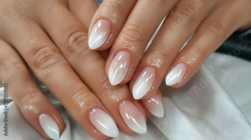 A closeup of the perfect french manicure on beautiful hands. showcasing clean and glossy nails with delicate white nail polish for an elegant look 