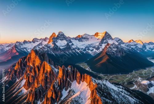 Drone perspective of mountain peaks glowing at sunrise, wide aerial panorama. AI generated.