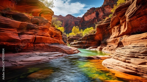 Lush green canyon with tranquil river and waterfall under sunlit cliffs