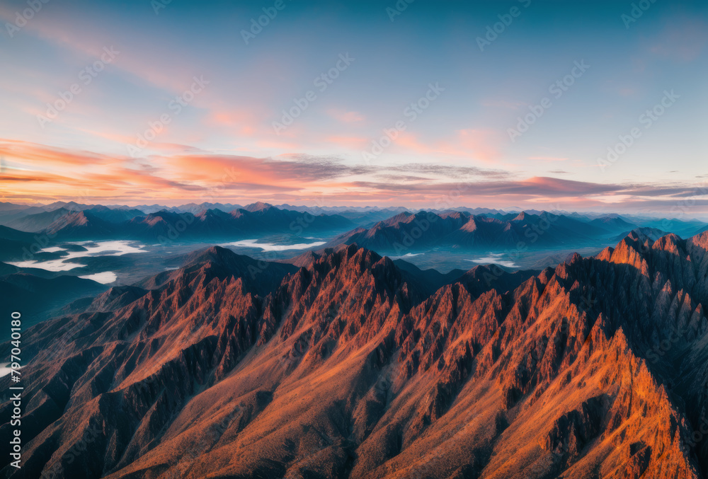 Sunrise over a rugged mountain range, seen from a drone high above. AI generated.