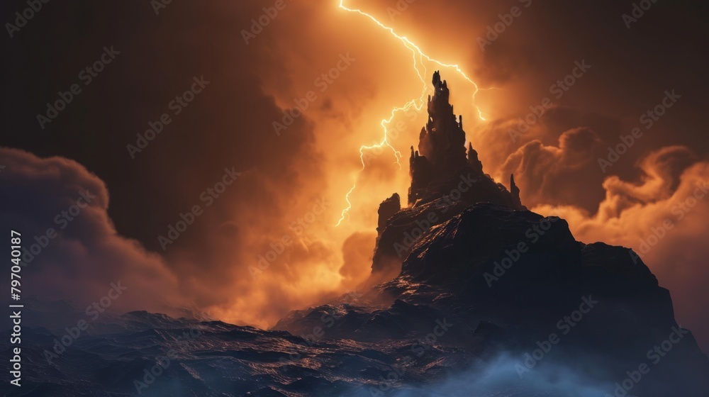 Fototapeta premium Angry evil dragon with red eyes and fire flames lightning bolt.