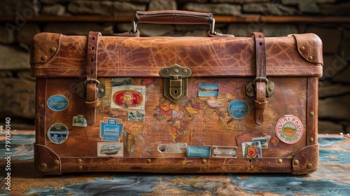 Vintage leather suitcase adorned with faded travel stickers on a wooden surface