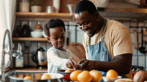 Cute African American Boy Helping Father Prepare Healthy Breakfast In Kitchen, Perfect For Family-Oriented Food Or Parenting Content