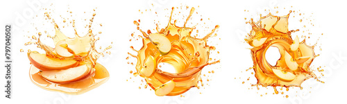 Three images showing dynamic splashes of orange juice with slices of fruit caught in the action photo