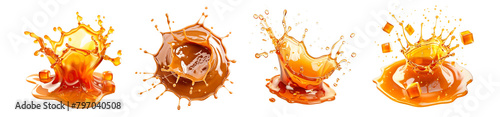 **Short one-sentence description:** Four stages of caramel splashing dynamically on a light background