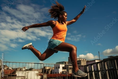 Jumping adult woman determination.