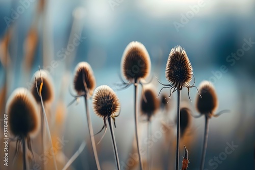 Macro shot of dried teasel plant. Concept Nature Photography, Botanical Close-Up, Textured Surface, Dried Plant, Macro Composition photo