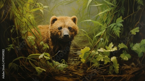 Bush Dog in a Natural Habitat, Realistic Wildlife Art Showcasing Detailed Vegetation and Mystery of the Wild photo