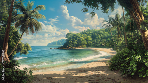 Waves Whisper Against The Sandy Shore Of This Idyllic Beach  Enclosed By A Canopy Of Lush Tropical Trees And A Clear Blue Sky