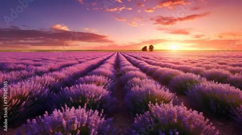 Stunning sunset over a vibrant lavender field with vivid colors and dramatic sky