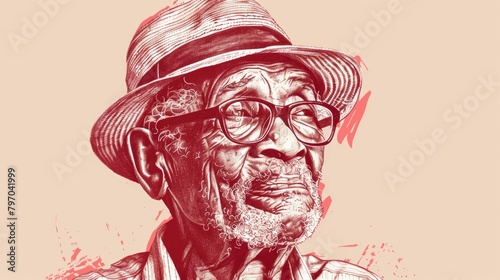 An artistic portrait of an elderly man with glasses and a hat
