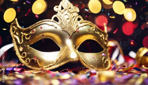 'banner karneval goldene textfreiraum confetti maske venzianische party konzept dekoration magischer hintergrund nacht carnival background decoration gold streamer abstract co'